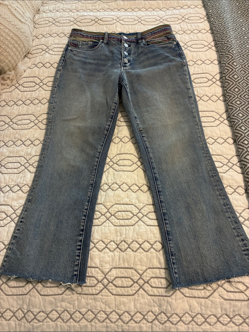 NWOT !Blank NYC Light Blue Flare Jeans with Multicolor Woven Waistband